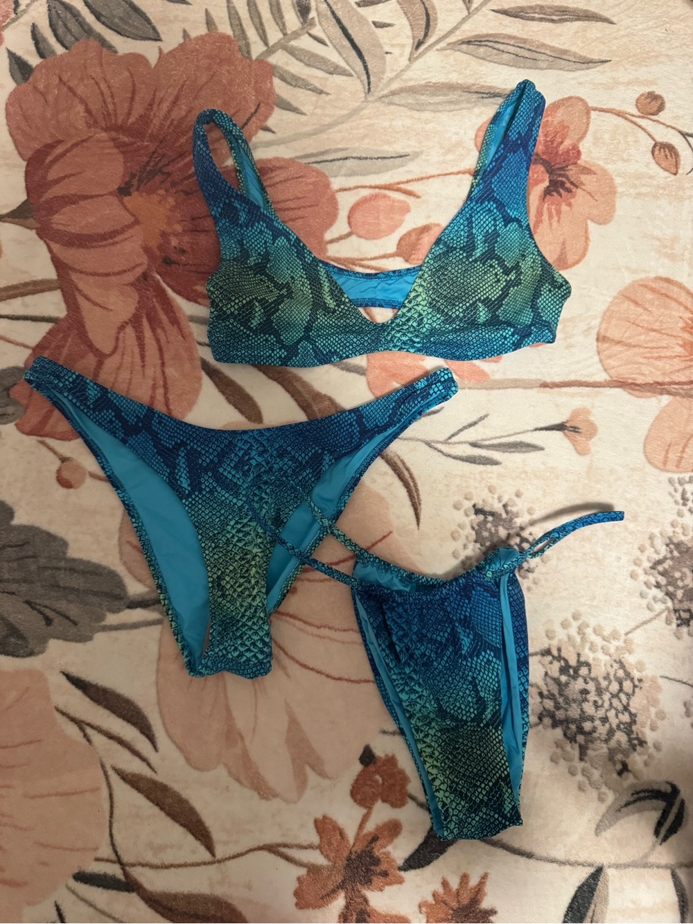 SKIMS Teal and Green Snakeskin Print Bikini Set